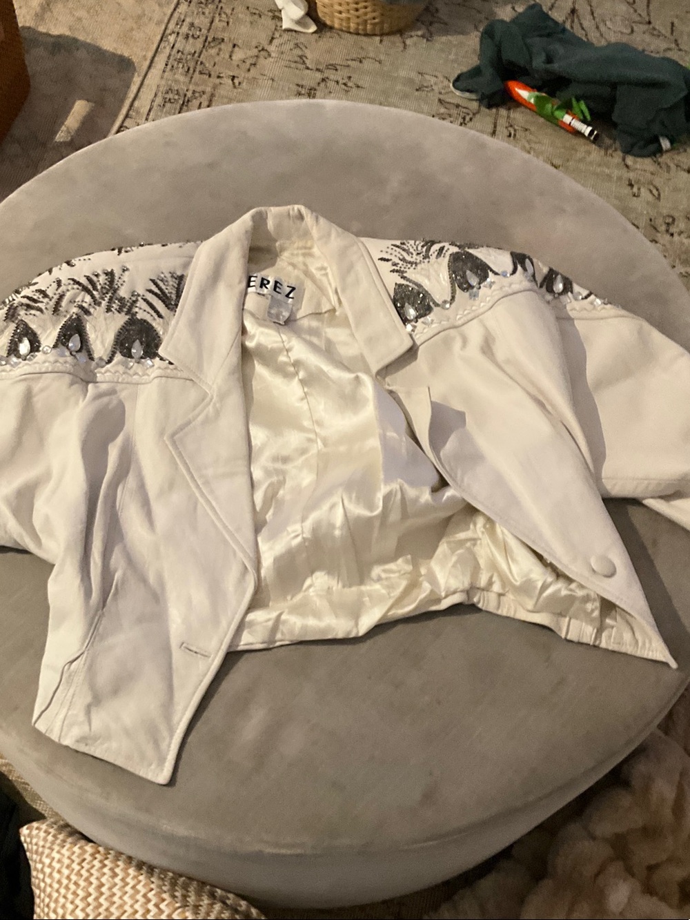 White Beaded Cropped Blazer with Shoulder Embellishment
